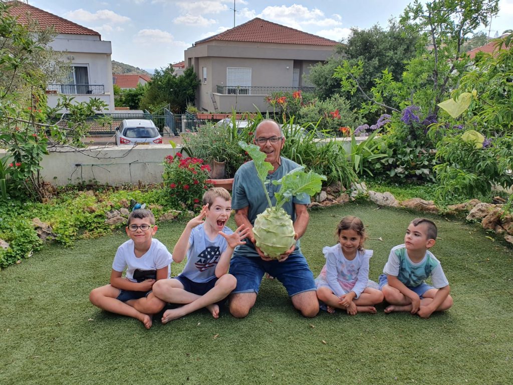אבי אלמוגי ונכדיו עם הקולורבי הענק שגידלו הגיע למשקל 7 קג